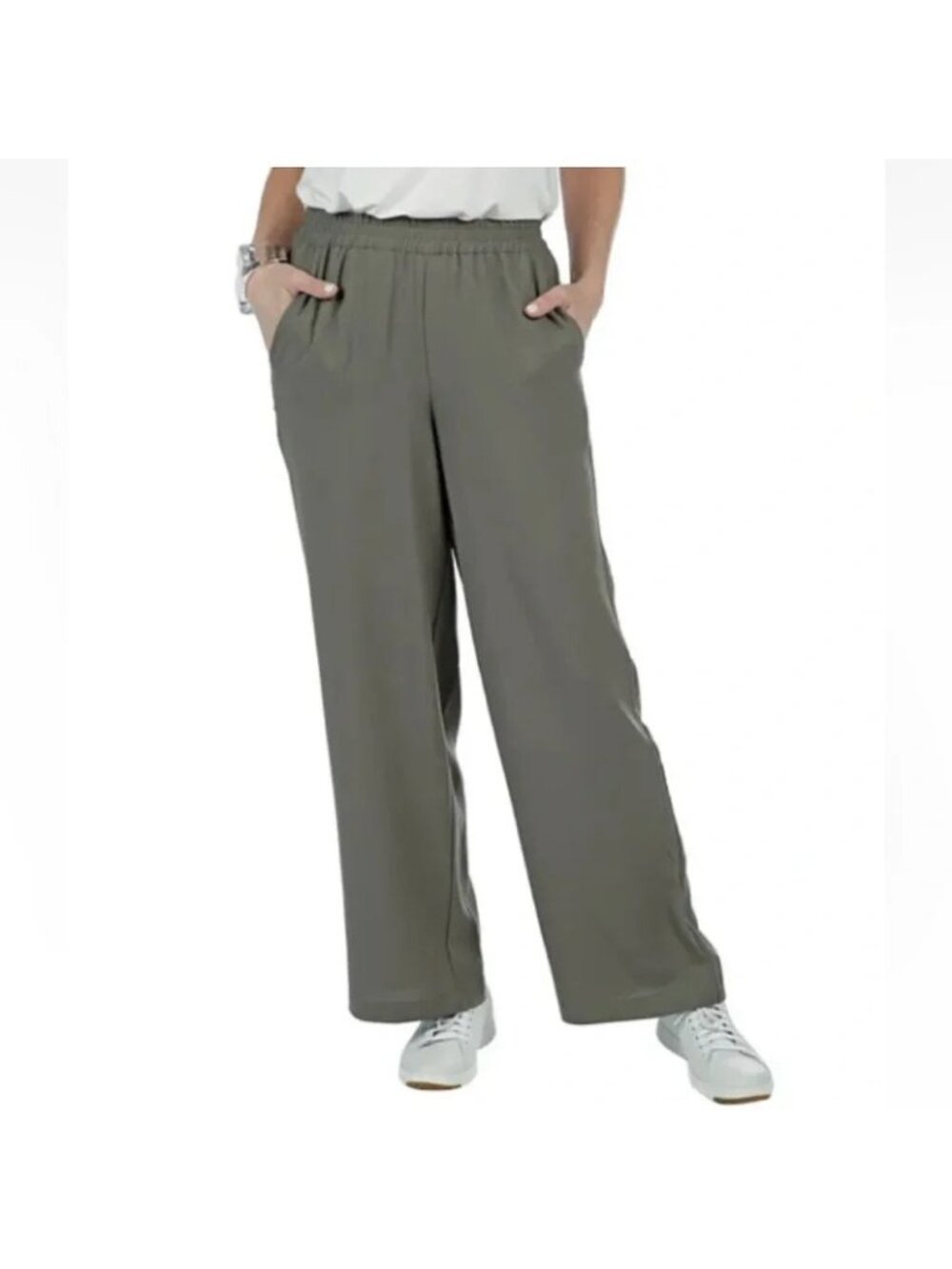 NEW Marlawynne Olive Grey Crepe Wide Leg Pants Size Small